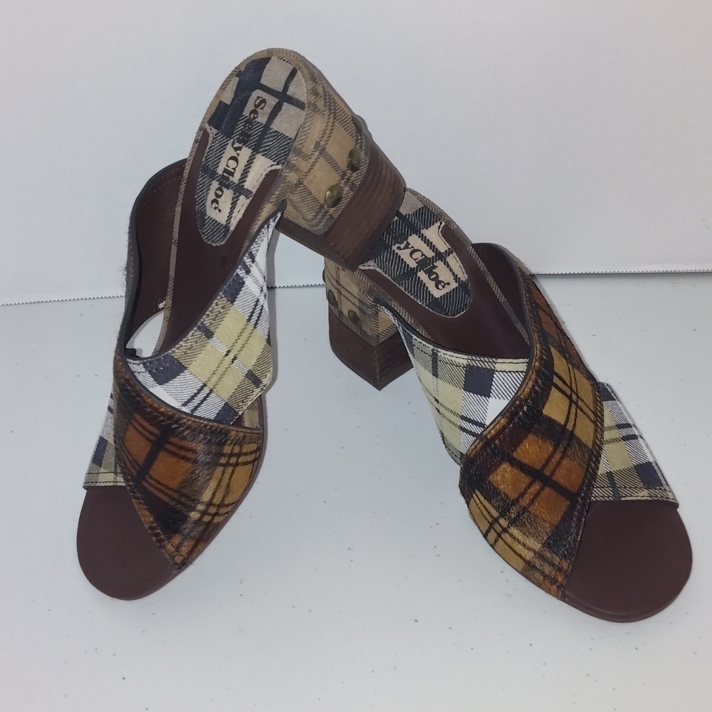SEE by CHLOE | Marta | Suede Leather Calf Plaid Heeled Sandal Size 7